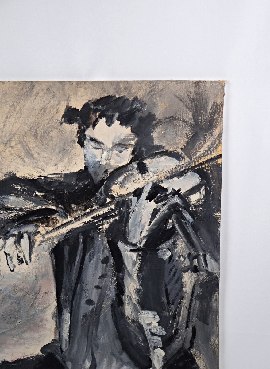 The Violinist's Passion, Oil On Canvas, Expressionist Style, 61x50 Cm, Signed Guettier-photo-3