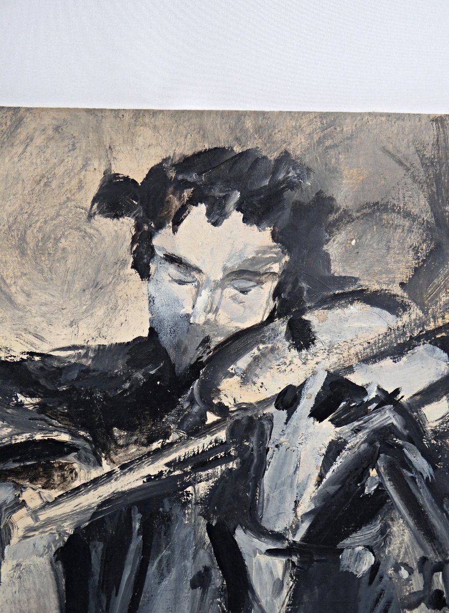 The Violinist's Passion, Oil On Canvas, Expressionist Style, 61x50 Cm, Signed Guettier-photo-3