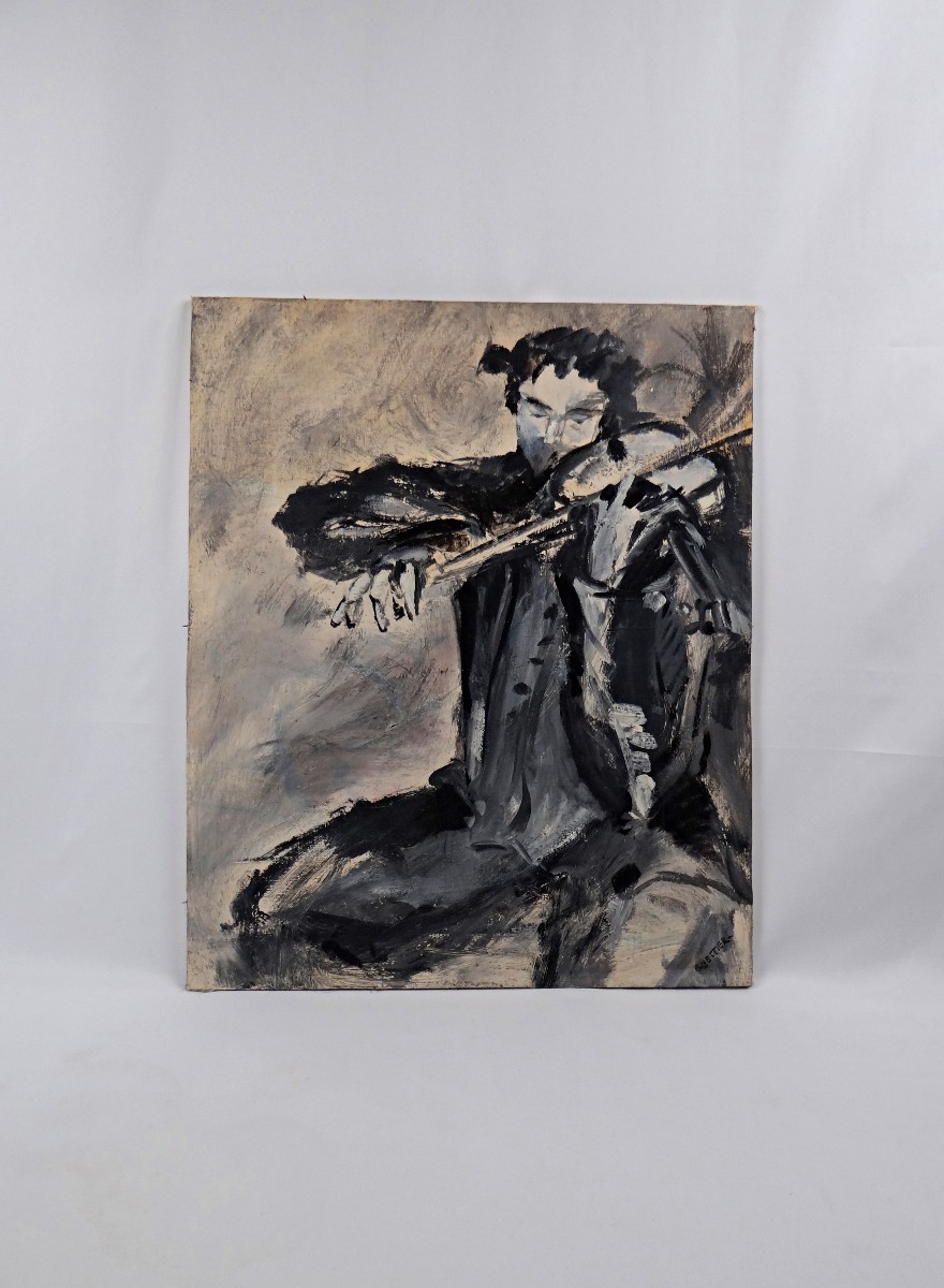 The Violinist's Passion, Oil On Canvas, Expressionist Style, 61x50 Cm, Signed Guettier