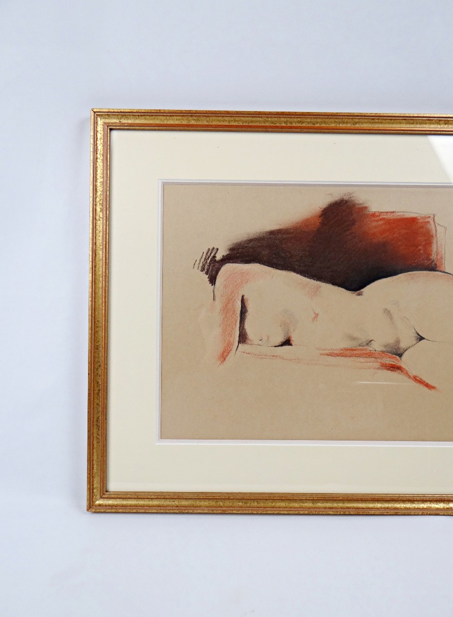 Étude de nu féminin allongé signé Jhonn Dessin au graphite & pastel encadré daté-photo-2