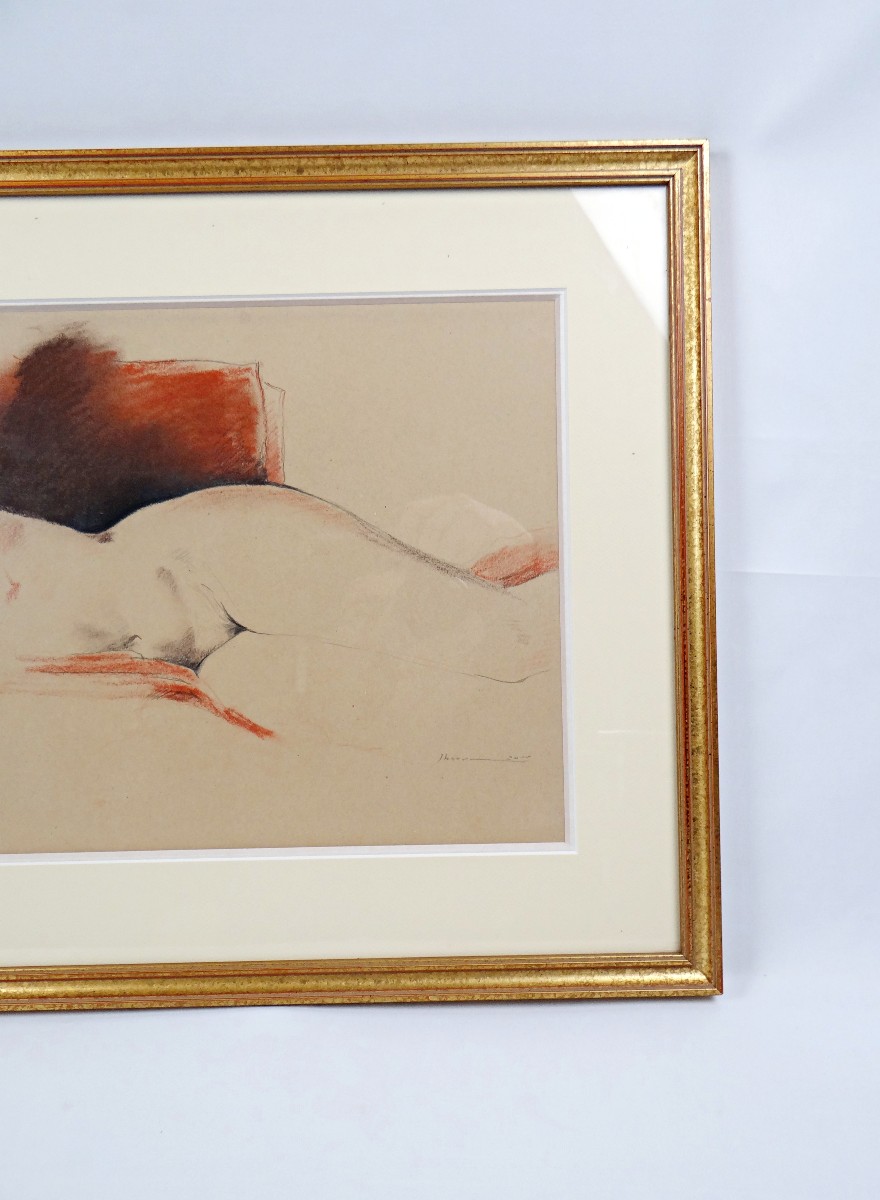 Étude de nu féminin allongé signé Jhonn Dessin au graphite & pastel encadré daté-photo-4