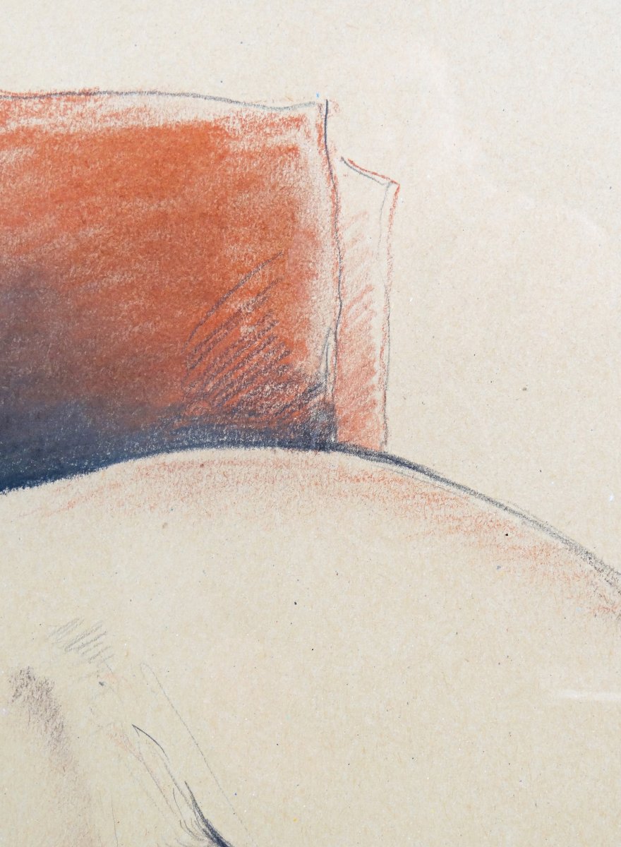 Étude de nu féminin allongé signé Jhonn Dessin au graphite & pastel encadré daté-photo-3
