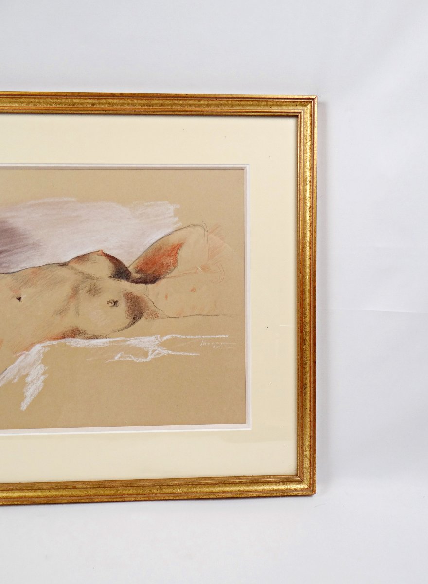 Study Of A Reclining Female Nude, Signed Jhonn. Framed Graphite And Pastel Drawing, Dated. -photo-4