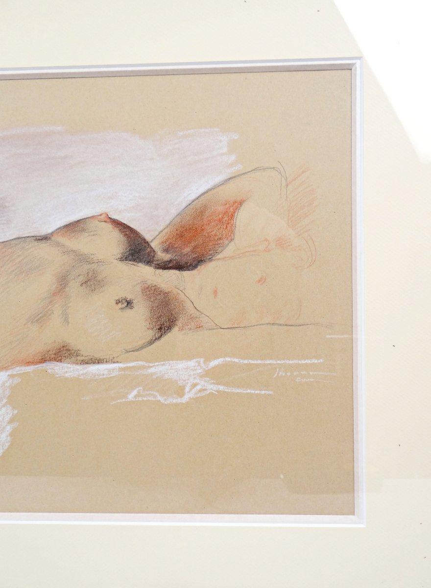 Study Of A Reclining Female Nude, Signed Jhonn. Framed Graphite And Pastel Drawing, Dated. -photo-1