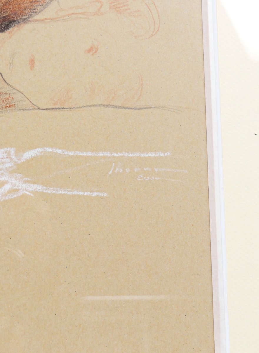 Study Of A Reclining Female Nude, Signed Jhonn. Framed Graphite And Pastel Drawing, Dated. -photo-3