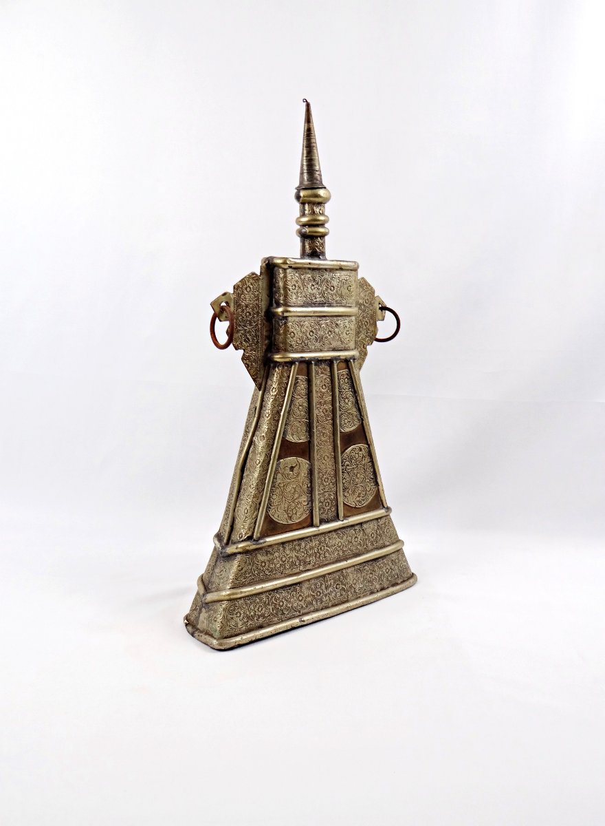 Grande gourde en laiton gravé et cuivre Indo-Persanne du XIXème siècle-photo-3