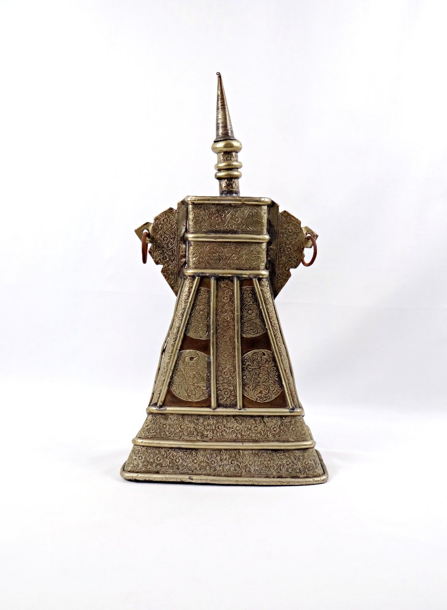 Grande gourde en laiton gravé et cuivre Indo-Persanne du XIXème siècle-photo-4