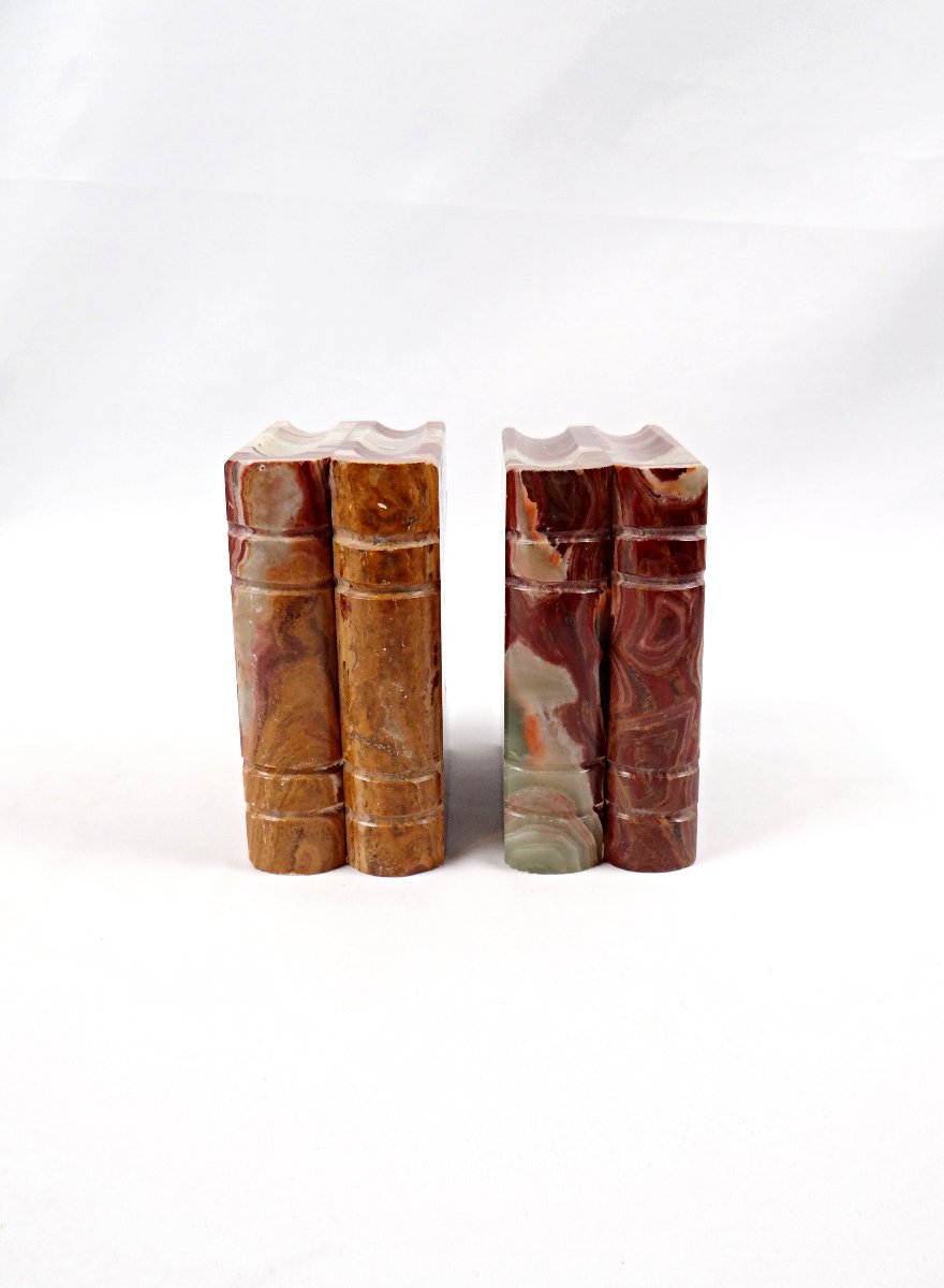 Pair Of Green And Red Onyx Bookends In The Shape Of 1950s-style Books-photo-3