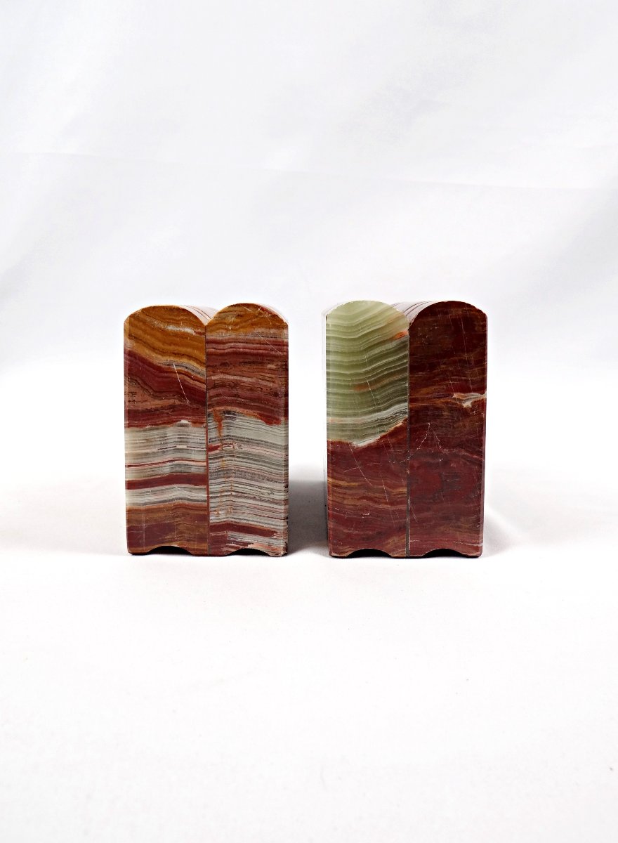 Pair Of Green And Red Onyx Bookends In The Shape Of 1950s-style Books-photo-7