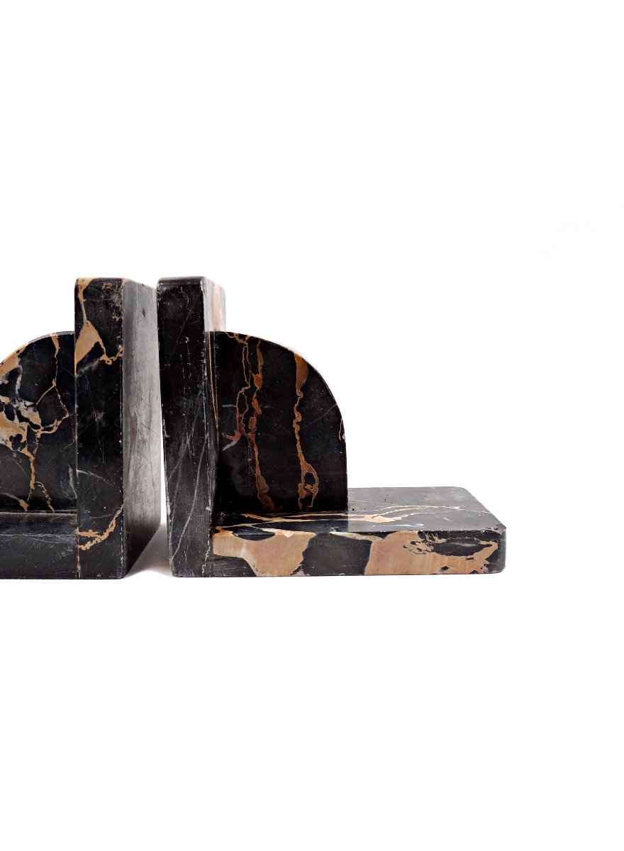 Paire de serre-livres Art Déco en marbre noir veiné, Italie début XXème-photo-3