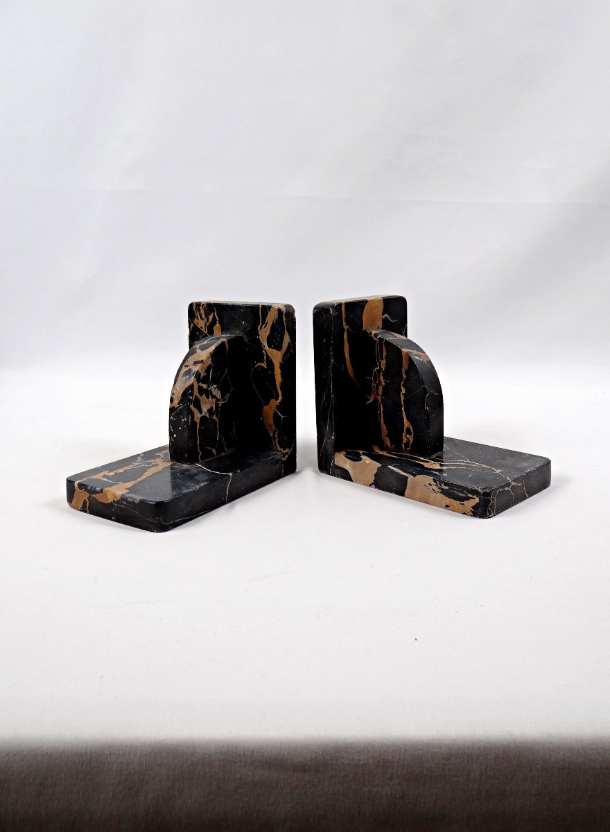 Paire de serre-livres Art Déco en marbre noir veiné, Italie début XXème-photo-4