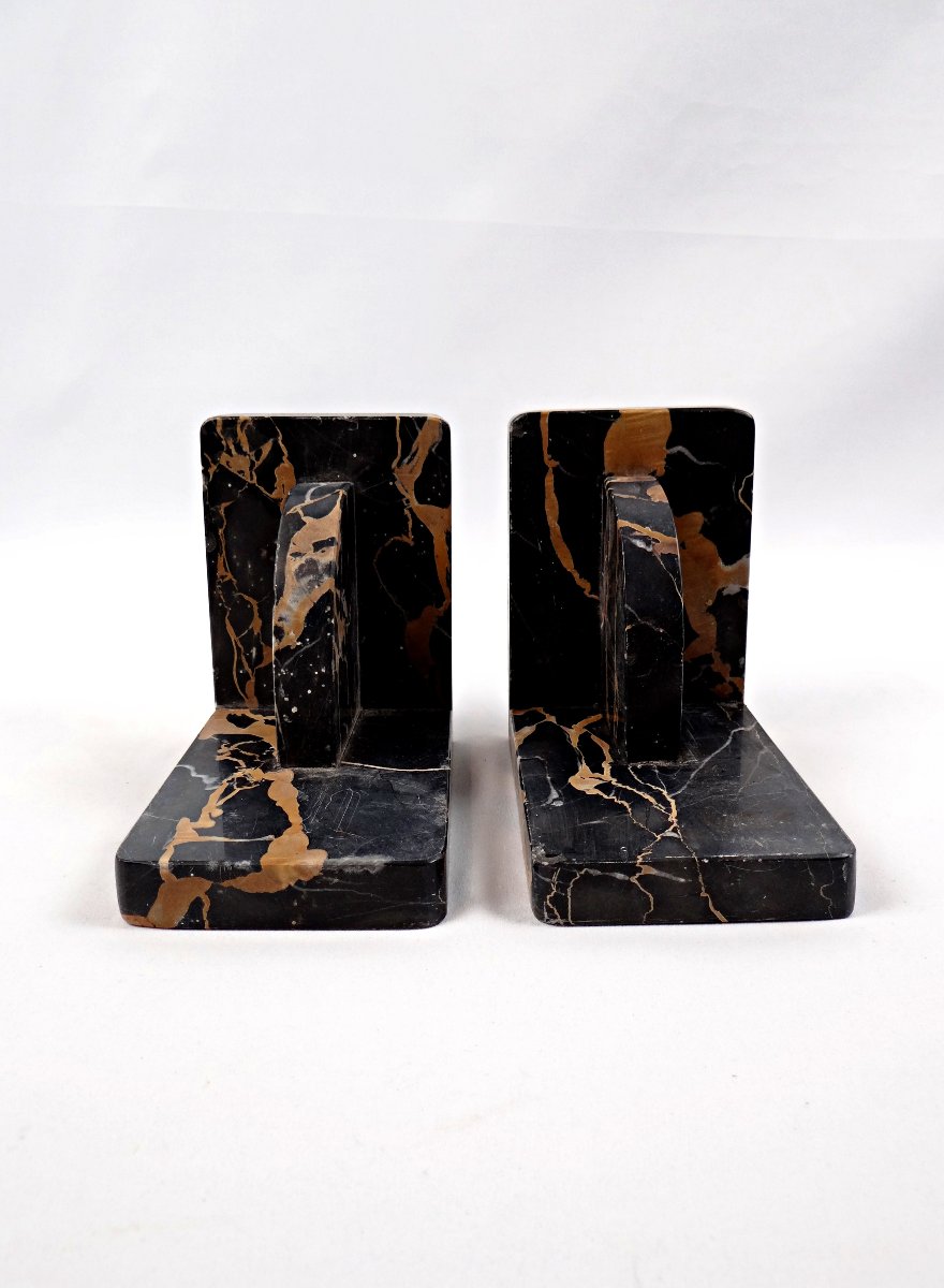 Paire de serre-livres Art Déco en marbre noir veiné, Italie début XXème-photo-1