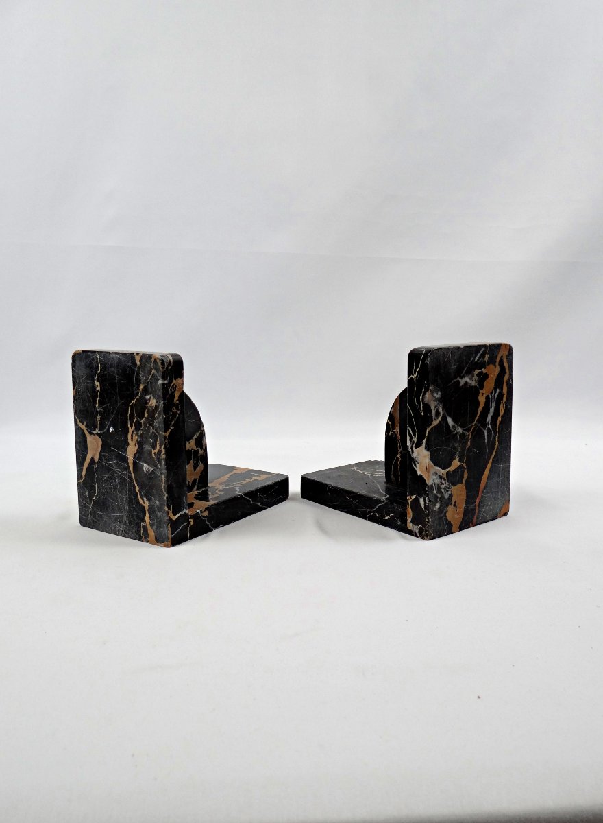 Paire de serre-livres Art Déco en marbre noir veiné, Italie début XXème-photo-4
