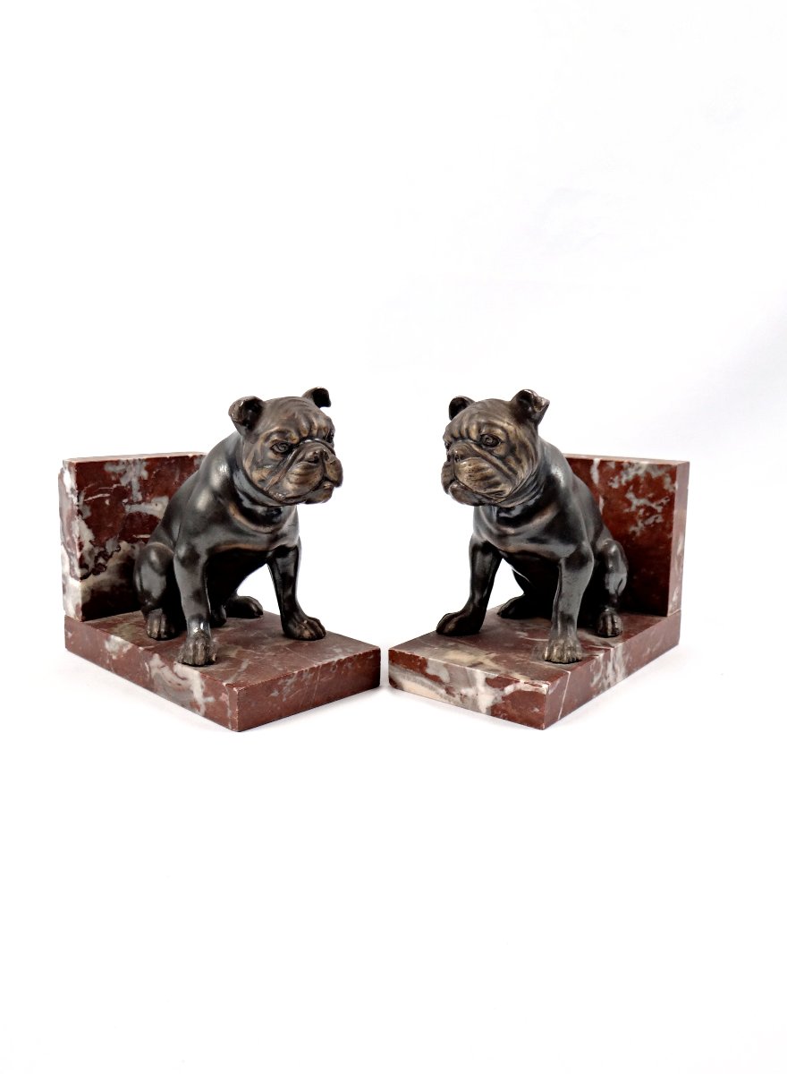 Pair Of Art Deco Bulldog Bookends In Spelter On Griotte Red Marble, Early 20th Century-photo-3