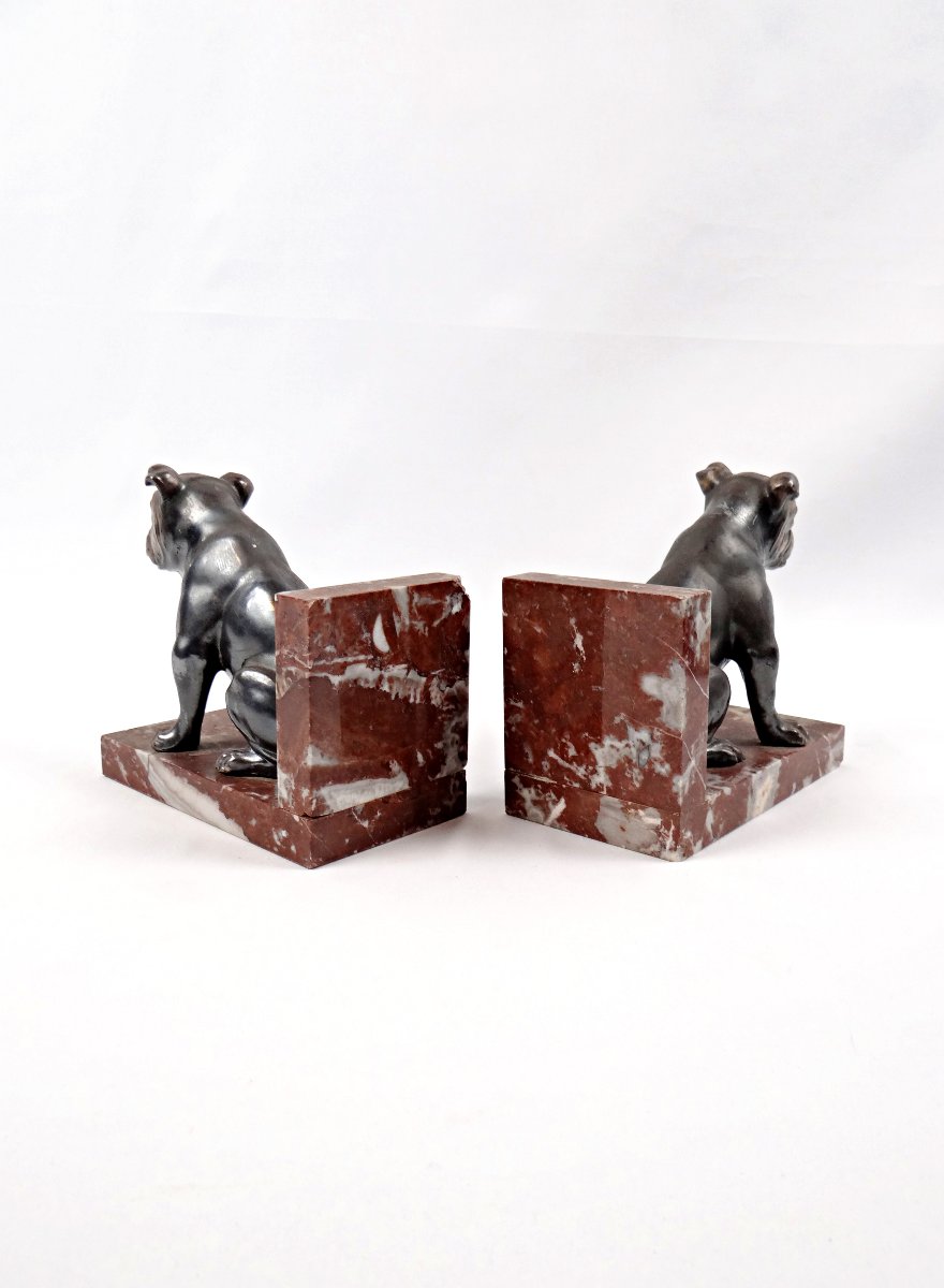 Pair Of Art Deco Bulldog Bookends In Spelter On Griotte Red Marble, Early 20th Century-photo-4