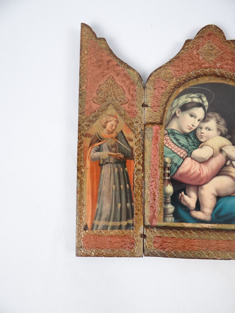 Gilded Florentine Religious Triptych Of The Virgin And Child By Raphael, 1950s-photo-2