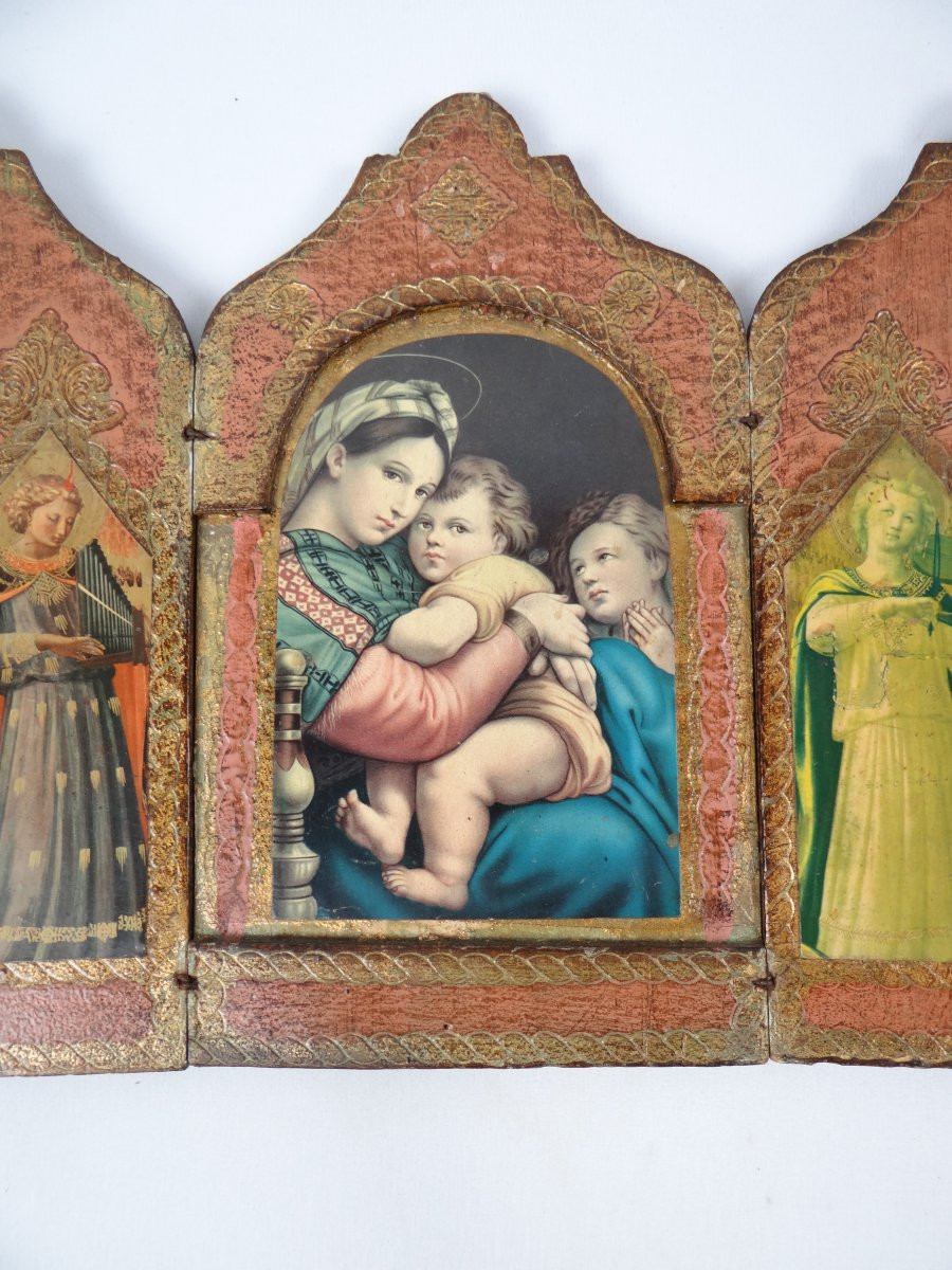 Gilded Florentine Religious Triptych Of The Virgin And Child By Raphael, 1950s-photo-3