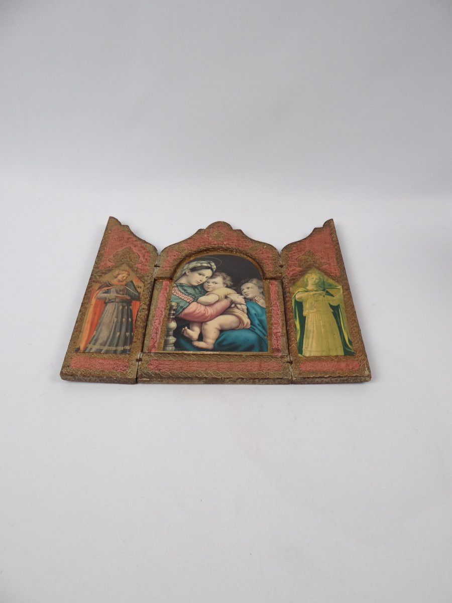 Gilded Florentine Religious Triptych Of The Virgin And Child By Raphael, 1950s-photo-1