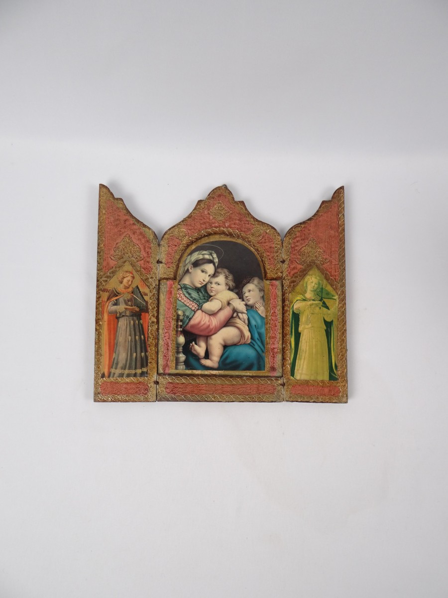 Gilded Florentine Religious Triptych Of The Virgin And Child By Raphael, 1950s