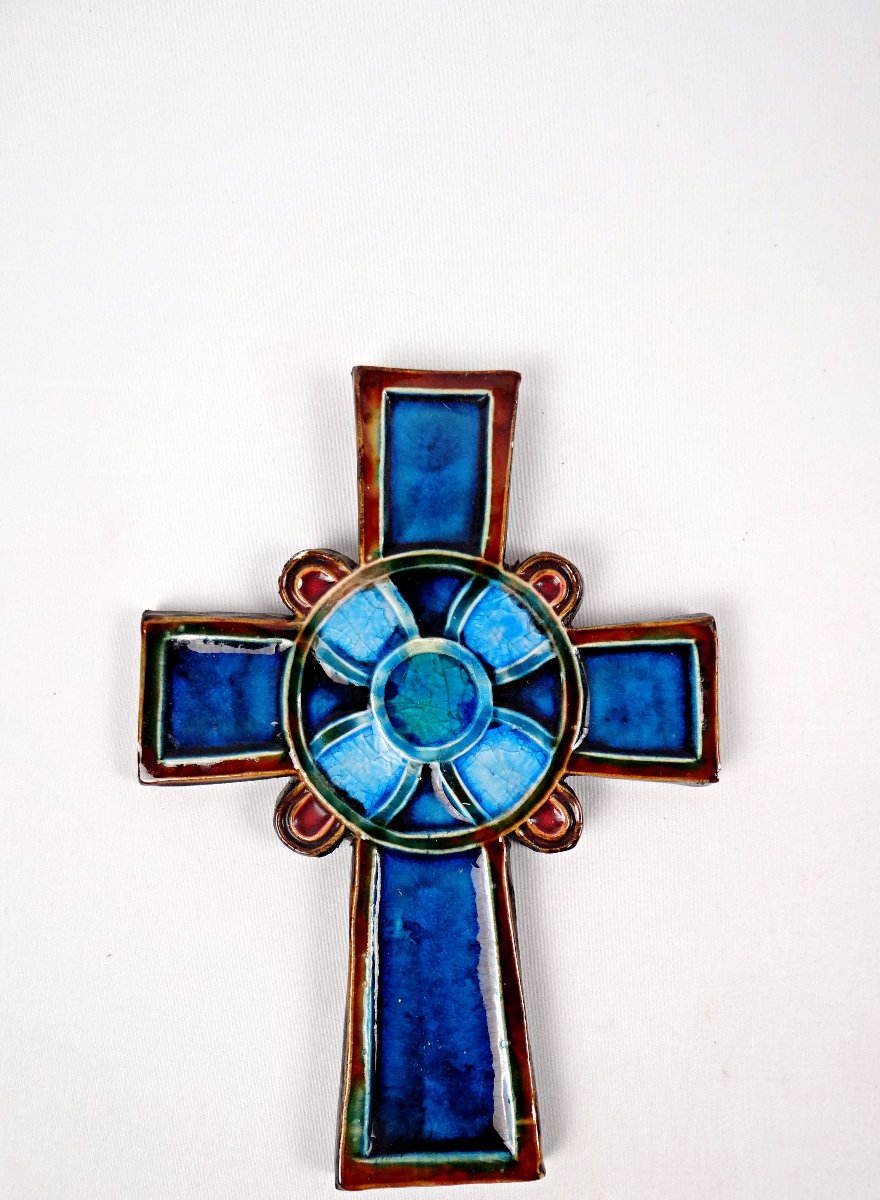 Croix chrétienne murale en céramique émaillée bleu turquoise milieu XXème-photo-2