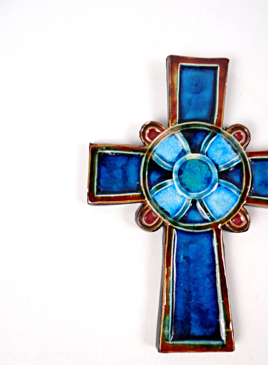 Croix chrétienne murale en céramique émaillée bleu turquoise milieu XXème-photo-4