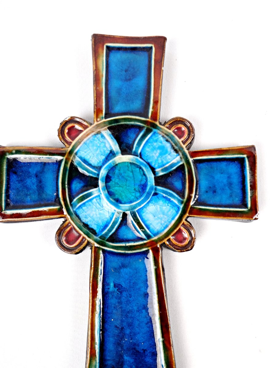 Croix chrétienne murale en céramique émaillée bleu turquoise milieu XXème-photo-2