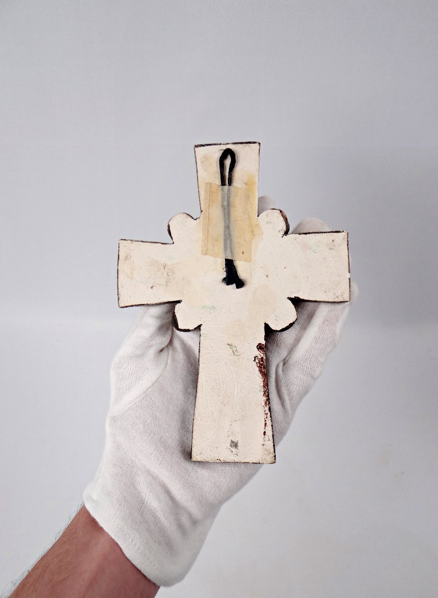 Croix chrétienne murale en céramique émaillée bleu turquoise milieu XXème-photo-4