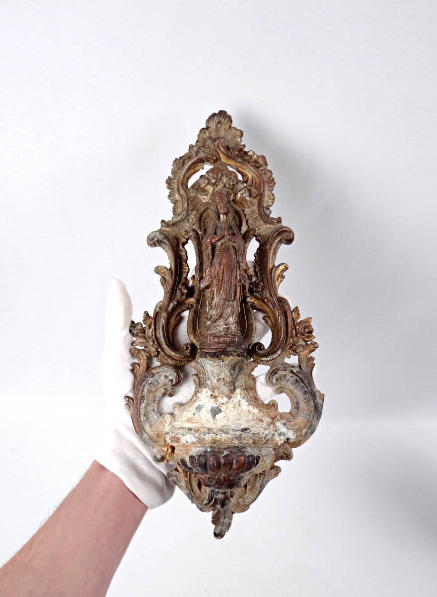 Large Antique Cast Iron Wall-mounted Holy Water Font Of Our Lady Of Lourdes, Late 19th Century-photo-2