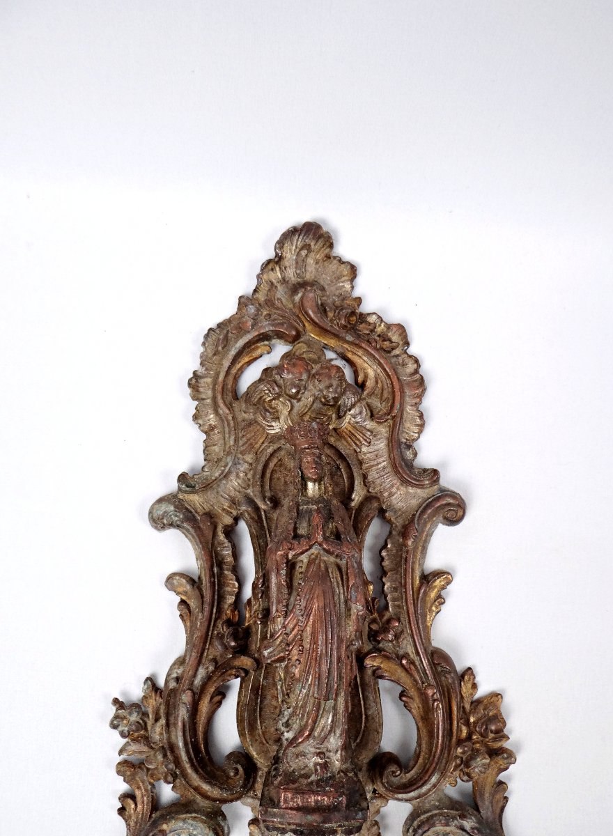 Large Antique Cast Iron Wall-mounted Holy Water Font Of Our Lady Of Lourdes, Late 19th Century-photo-3