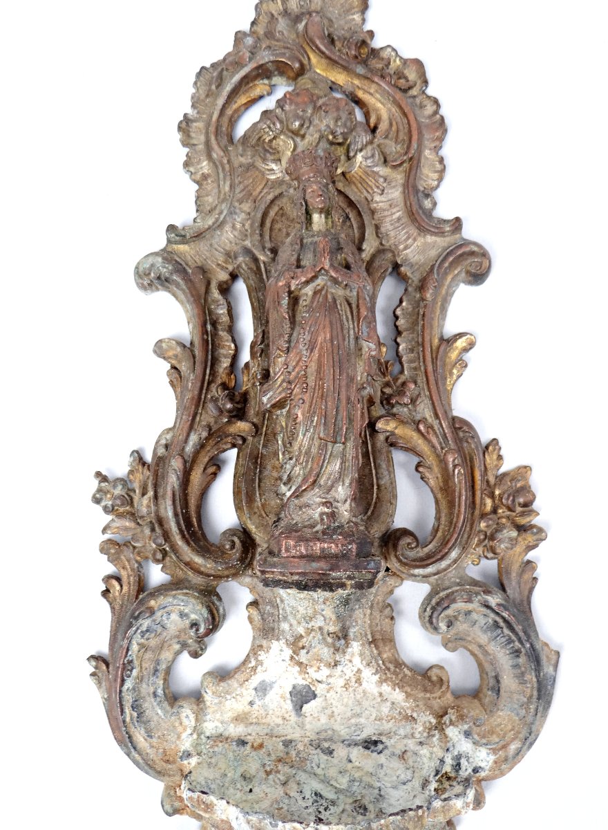 Large Antique Cast Iron Wall-mounted Holy Water Font Of Our Lady Of Lourdes, Late 19th Century-photo-4