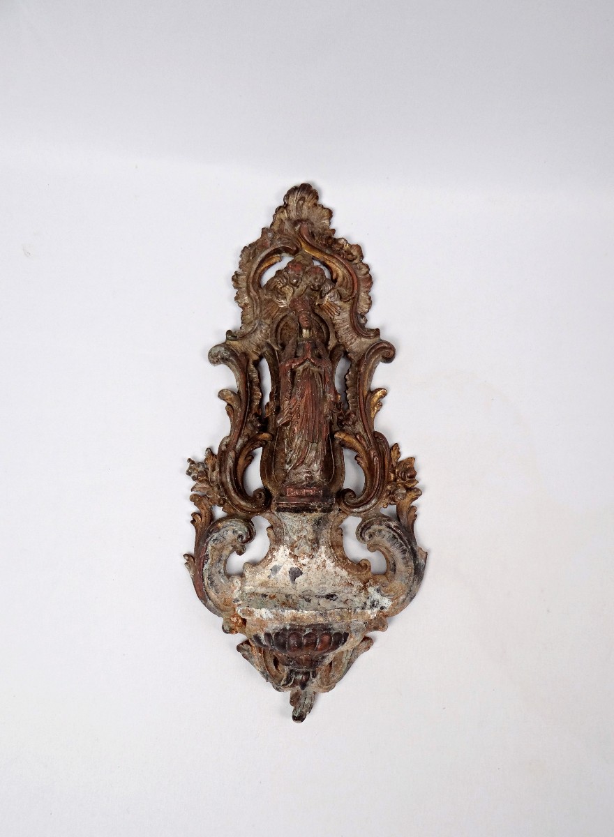 Large Antique Cast Iron Wall-mounted Holy Water Font Of Our Lady Of Lourdes, Late 19th Century
