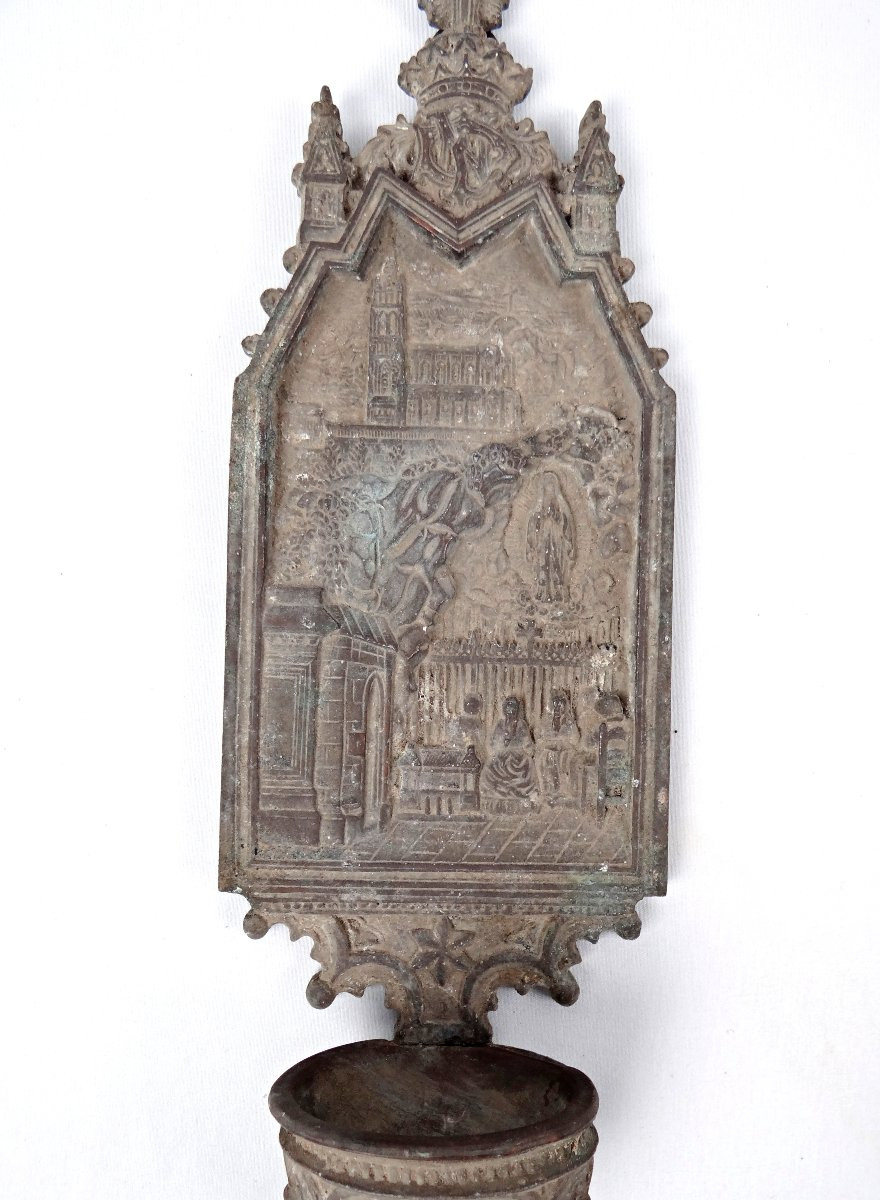 Antique Art Deco Spelter Holy Water Font Of Our Lady Of Lourdes, Early 20th Century-photo-4