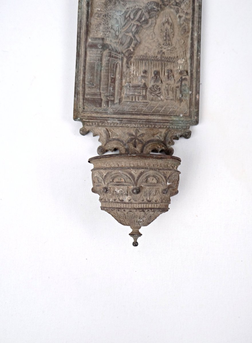 Antique Art Deco Spelter Holy Water Font Of Our Lady Of Lourdes, Early 20th Century-photo-1