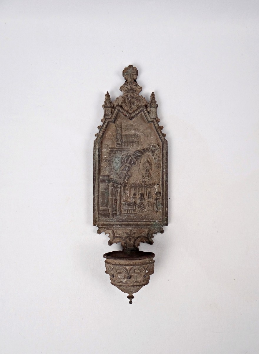 Antique Art Deco Spelter Holy Water Font Of Our Lady Of Lourdes, Early 20th Century