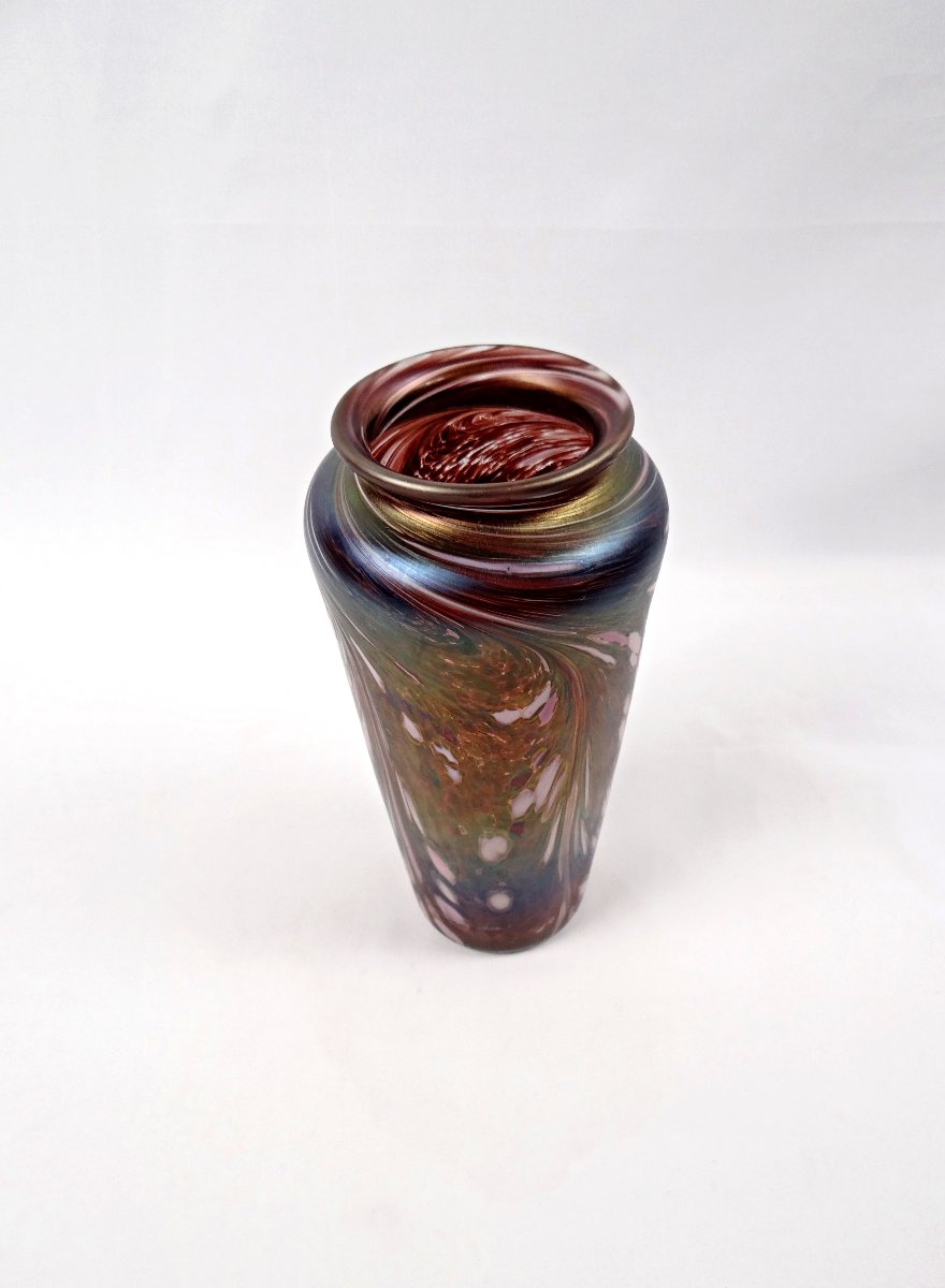 Art Deco Vase In Iridescent Enameled Glass In The Style Of Loetz Or Mills & Stevens, Early 20th Century-photo-2