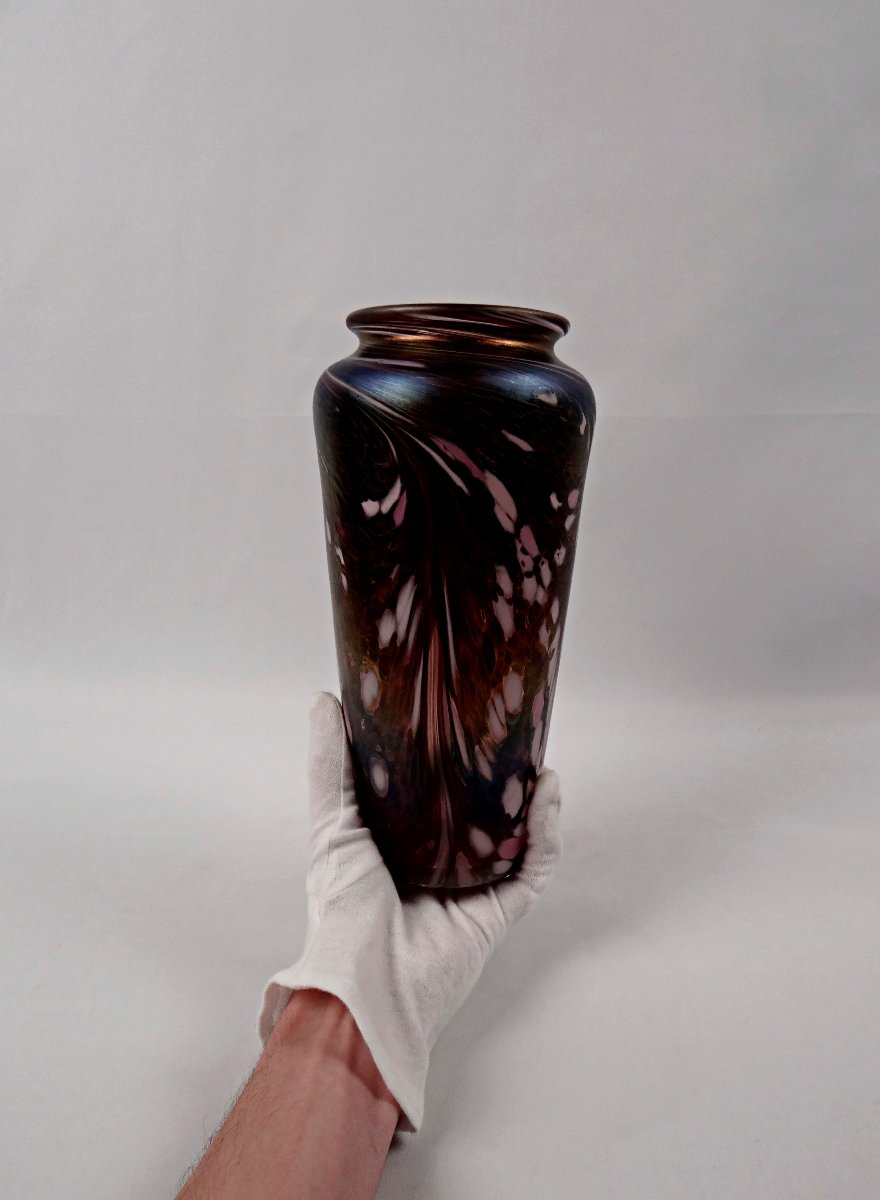 Art Deco Vase In Iridescent Enameled Glass In The Style Of Loetz Or Mills & Stevens, Early 20th Century-photo-7