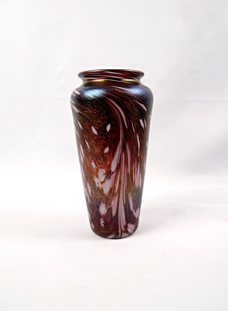 Art Deco Vase In Iridescent Enameled Glass In The Style Of Loetz Or Mills & Stevens, Early 20th Century