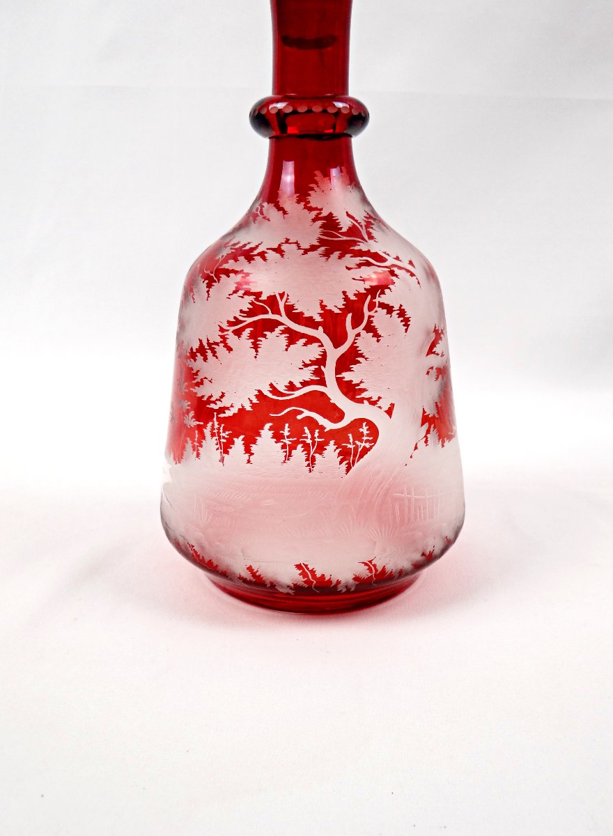 Carafe en verre doublé rouge de bohème rouge à décor gravé scène de chasse XIXème-photo-4