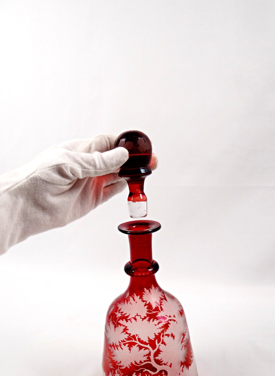 Carafe en verre doublé rouge de bohème rouge à décor gravé scène de chasse XIXème-photo-6