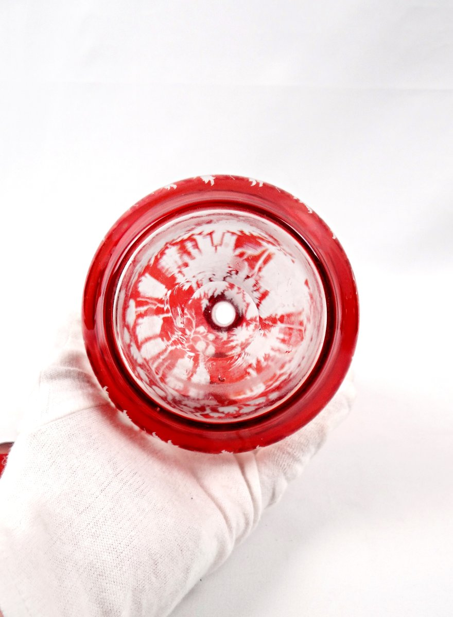 Carafe en verre doublé rouge de bohème rouge à décor gravé scène de chasse XIXème-photo-7