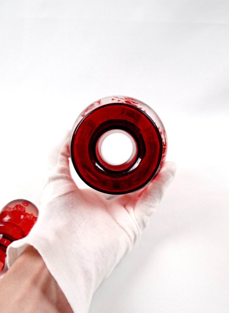 Carafe en verre doublé rouge de bohème rouge à décor gravé scène de chasse XIXème-photo-8