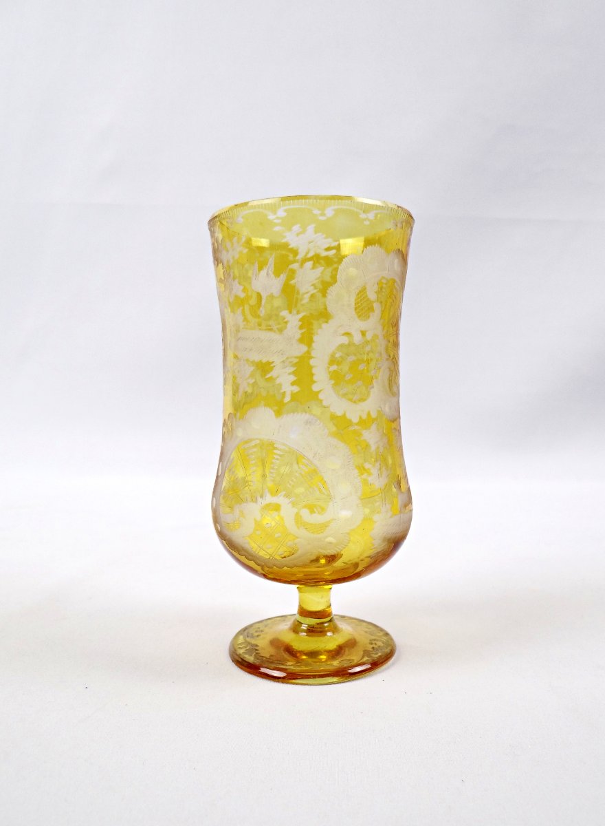 Verre à eau en cristal de bohème jaune à décor floral fin XIXème-photo-2