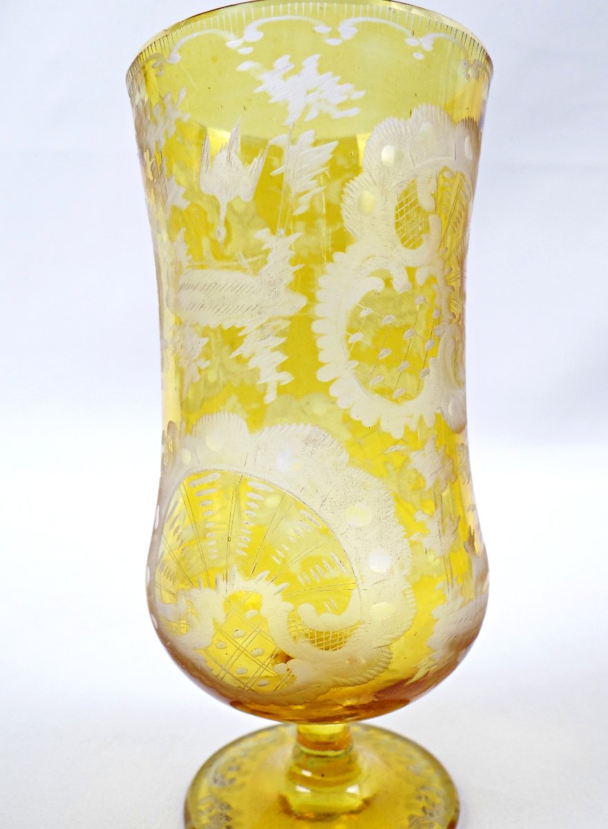 Verre à eau en cristal de bohème jaune à décor floral fin XIXème-photo-4