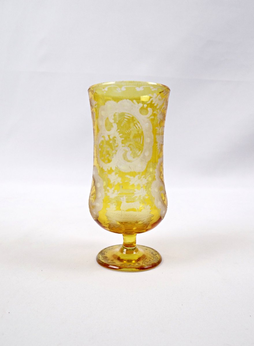 Verre à eau en cristal de bohème jaune à décor floral fin XIXème-photo-3