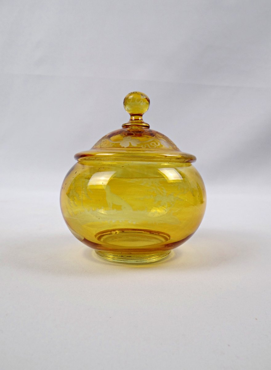 Bonbonnière en verre de bohème jaune à décor lacustre fin XIXème-photo-4