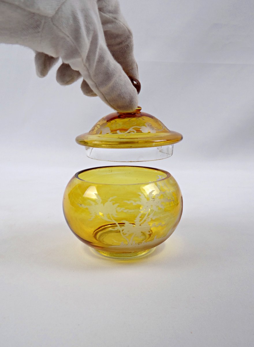 Bonbonnière en verre de bohème jaune à décor lacustre fin XIXème-photo-2