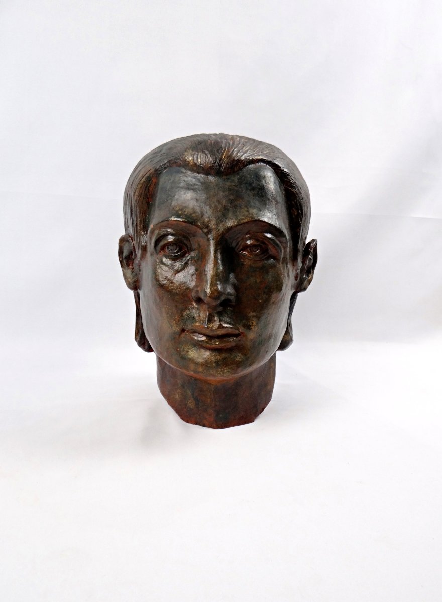 Sculpture en terre cuite patinée façon bronze du buste d'un homme milieu XXème-photo-2