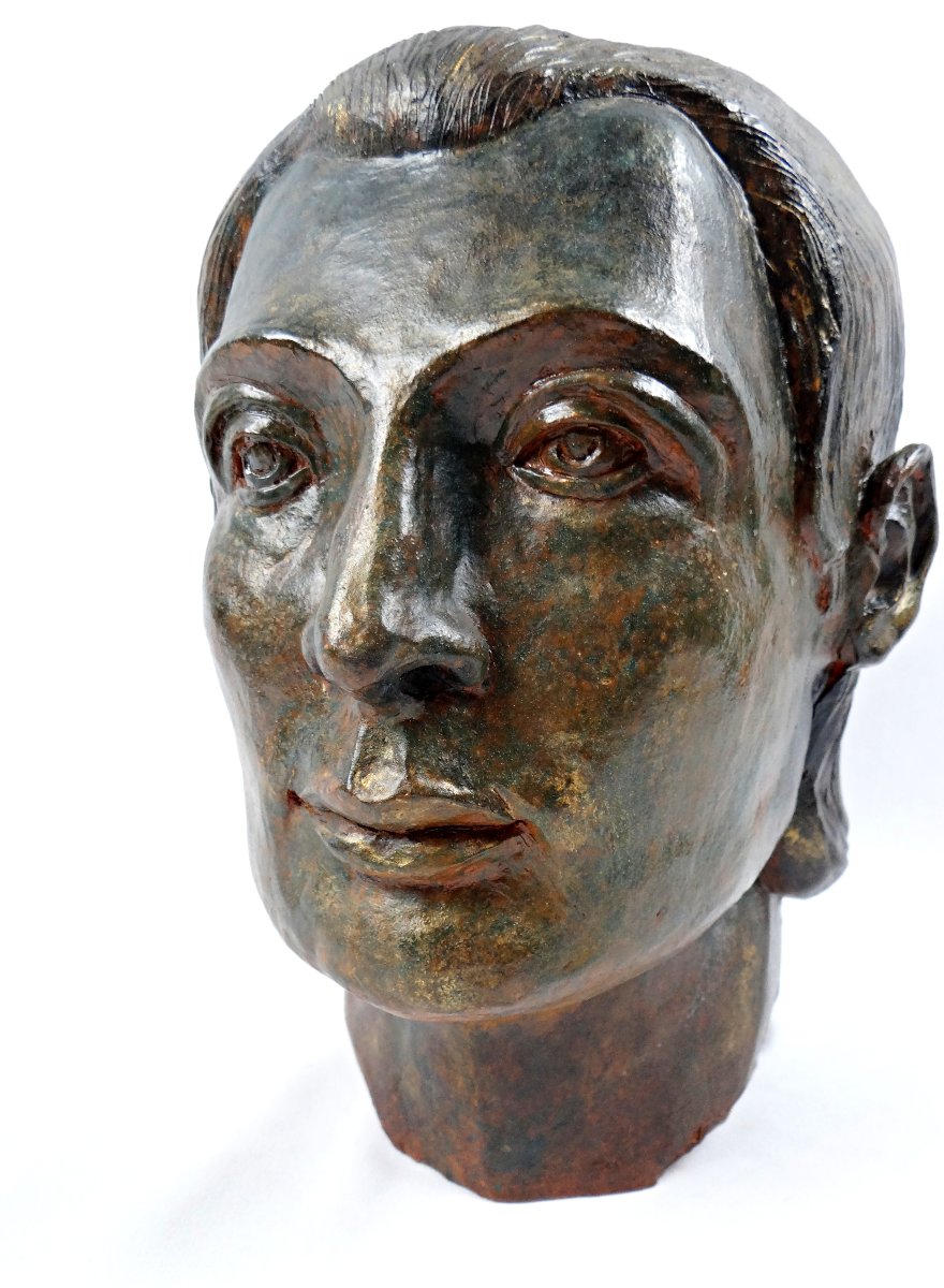 Sculpture en terre cuite patinée façon bronze du buste d'un homme milieu XXème-photo-3