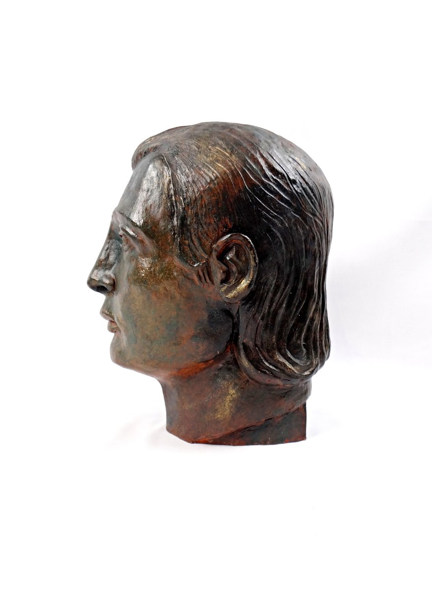 Sculpture en terre cuite patinée façon bronze du buste d'un homme milieu XXème-photo-4