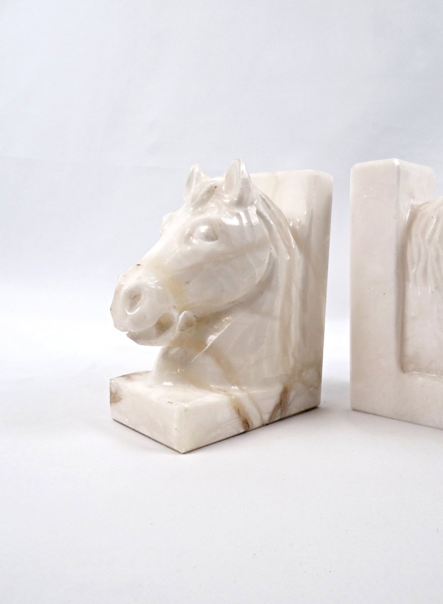 Pair Of Solid White Alabaster Horse Bookends From The 1950s-photo-2